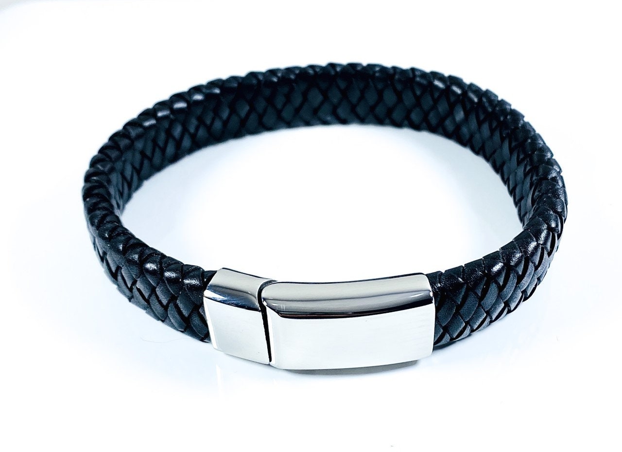 Men's Stainless Steel Black Leather Bracelet