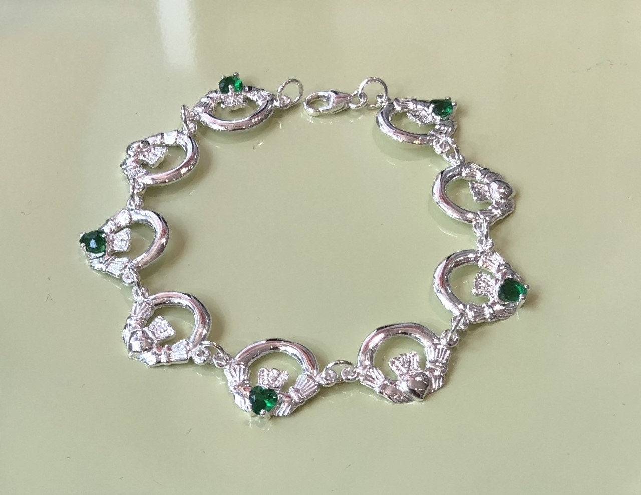 Claddagh Bracelet with Silver and Emerald CZ Stone