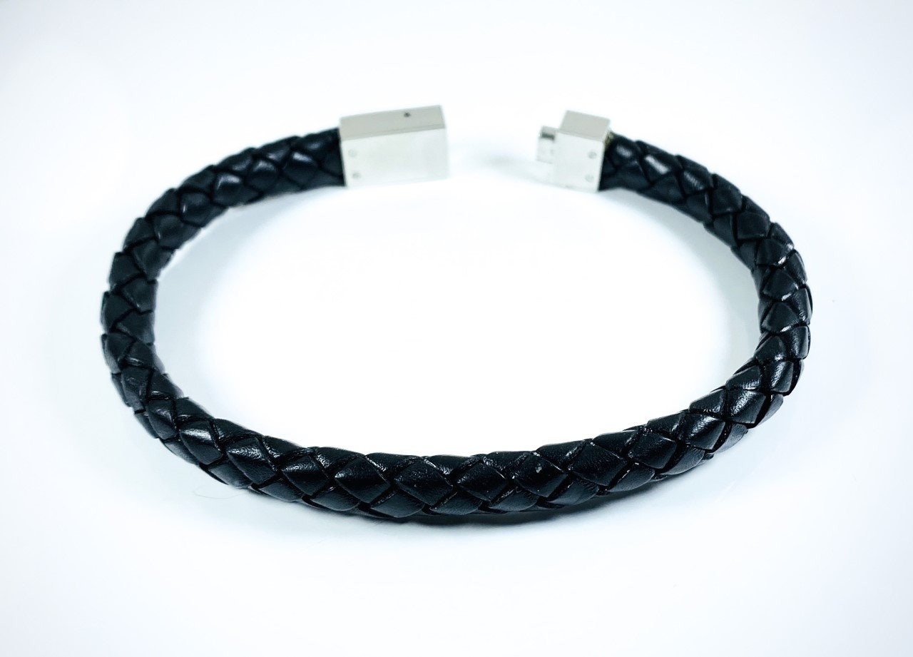 Men's Stainless Steel Black Leather Bracelet