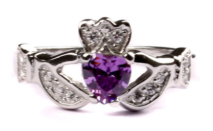 Classic Claddagh Cubic Zirconia Birthstone Ring in 925 Sterling Silver Band