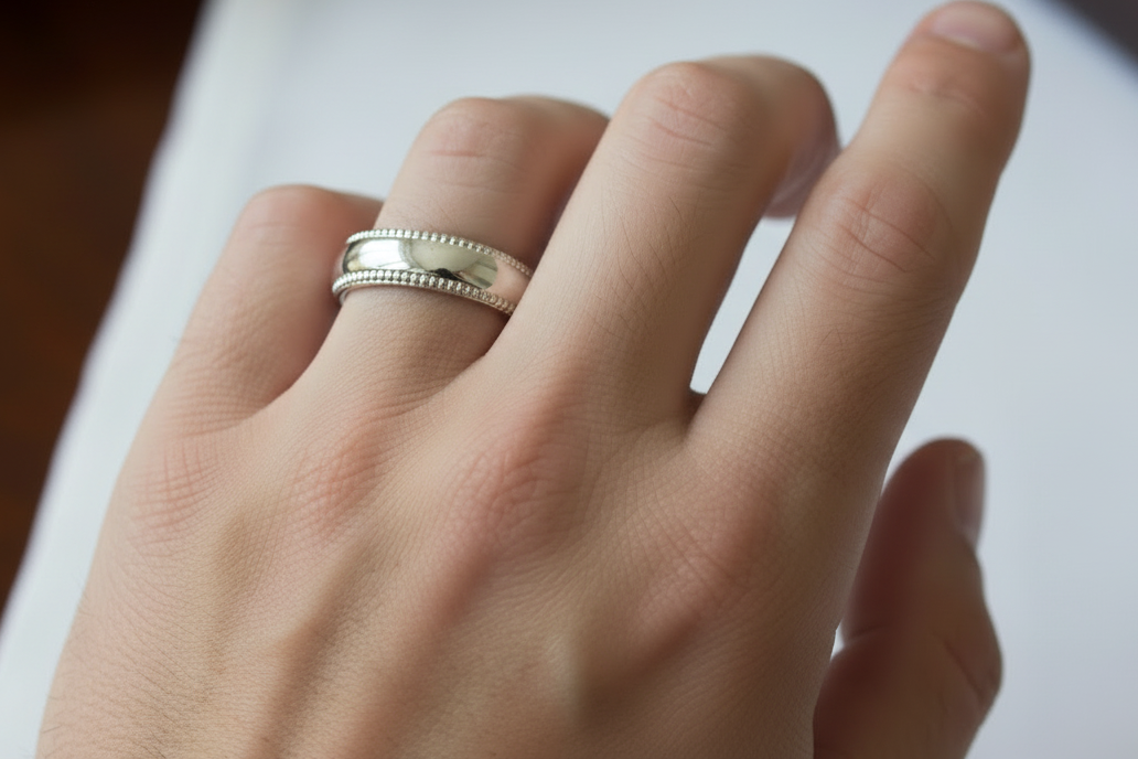 Unisex Silver Millgrain D Shape 3mm Wedding Ring