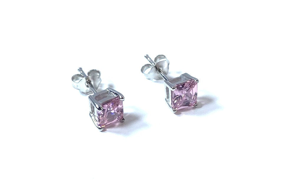 Birthstone CZ Square Stone Claw Silver Stud Earrings Classic Set