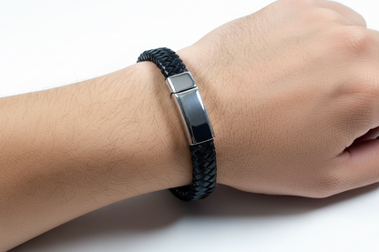 Men's Stainless Steel Black Leather Bracelet