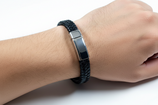Men's Stainless Steel Black Leather Bracelet