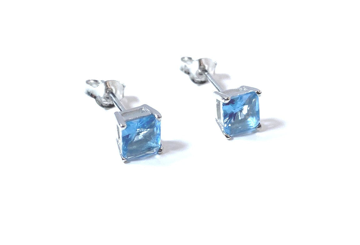 Birthstone CZ Square Stone Claw Silver Stud Earrings Classic Set