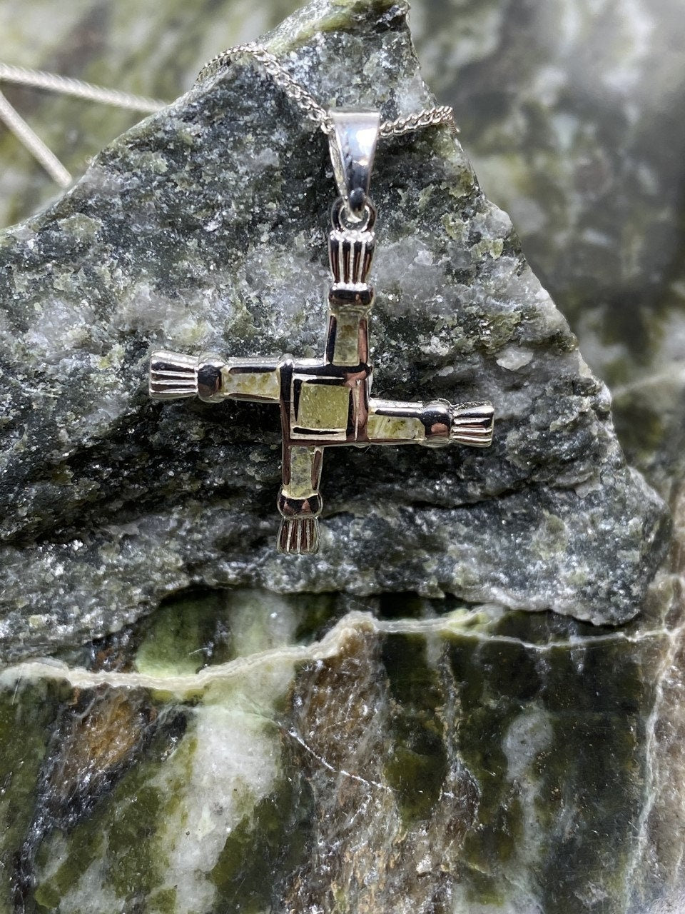 Connemara Marble Stone Set Sterling Silver St Bridgets Cross Pendant