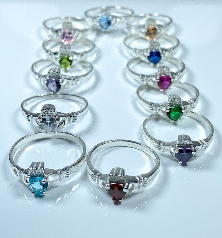 Claddagh Ring with CZ Birthstone Accent - Traditional Irish Claddagh Style Ring