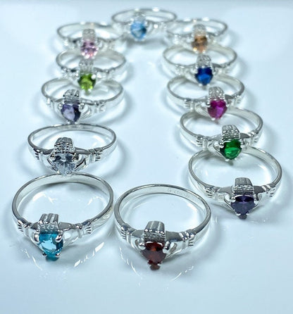 Claddagh Ring with CZ Birthstone Accent - Traditional Irish Claddagh Style Ring