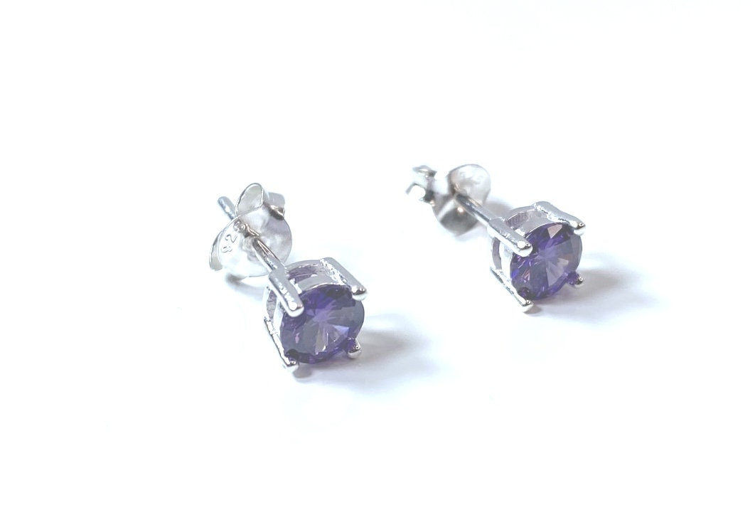 Birthstone CZ Stone Set Round Stone Claw Silver Earrings Set for Everyday Wear