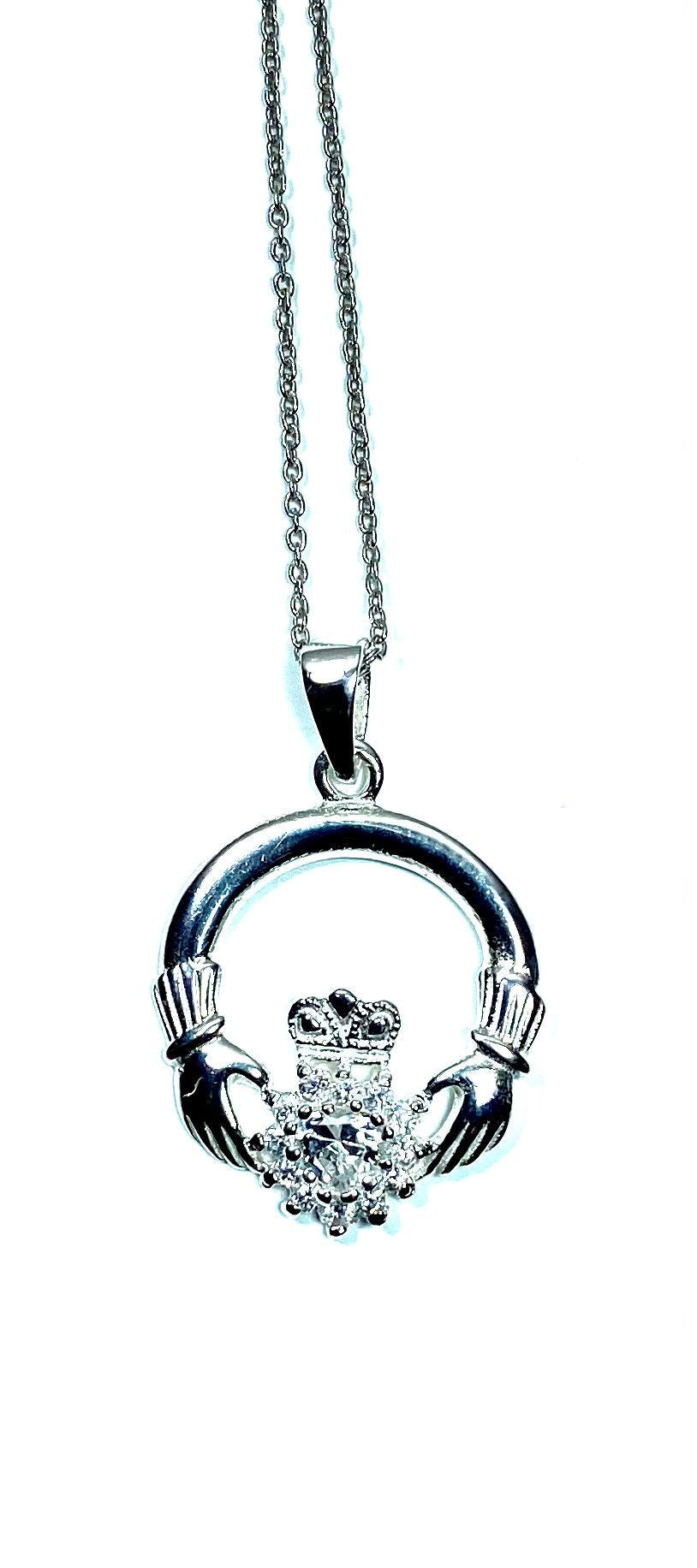 Irish Claddagh White CZ Stone Set Silver pendant