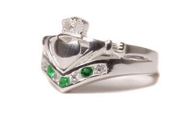 Claddagh Ring Wishbone Design with Emerald & White CZ Stone - Available in Sizes E-T