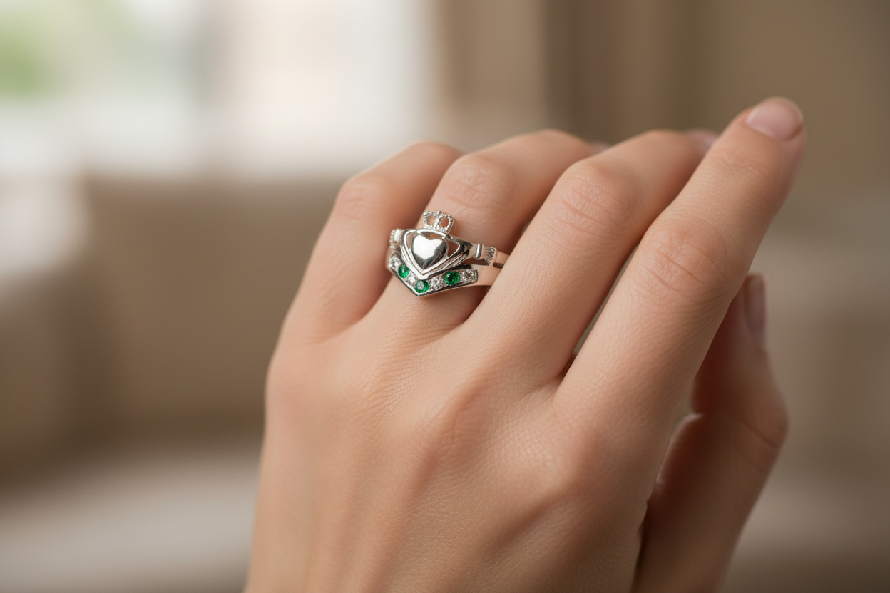 Claddagh Ring Wishbone Design with Emerald & White CZ Stone - Available in Sizes E-T