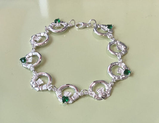 Claddagh Bracelet with Silver and Emerald CZ Stone
