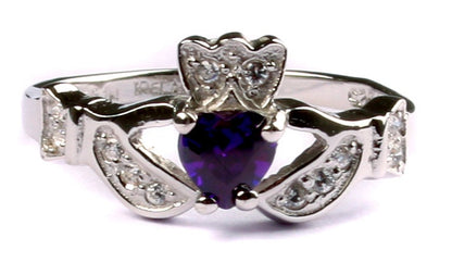 Classic Claddagh Cubic Zirconia Birthstone Ring in 925 Sterling Silver Band