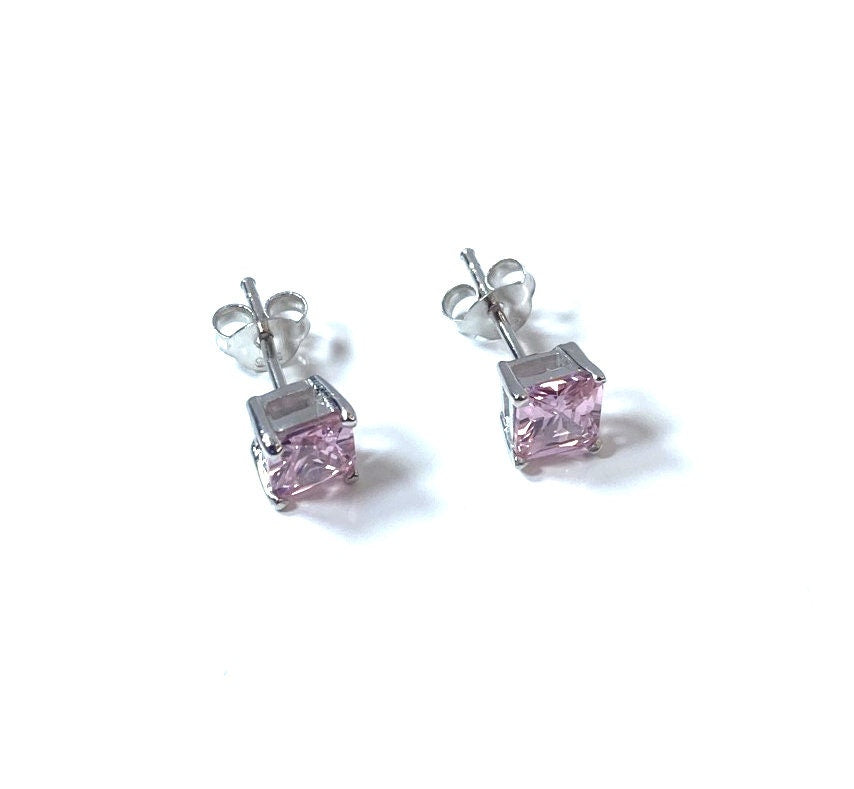 Birthstone CZ Square Stone Claw Silver Stud Earrings Classic Set