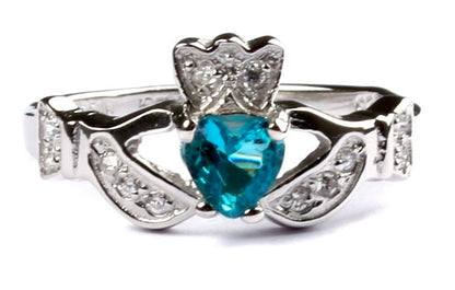 Classic Claddagh Cubic Zirconia Birthstone Ring in 925 Sterling Silver Band