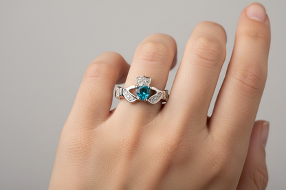 Classic Claddagh Cubic Zirconia Birthstone Ring in 925 Sterling Silver Band