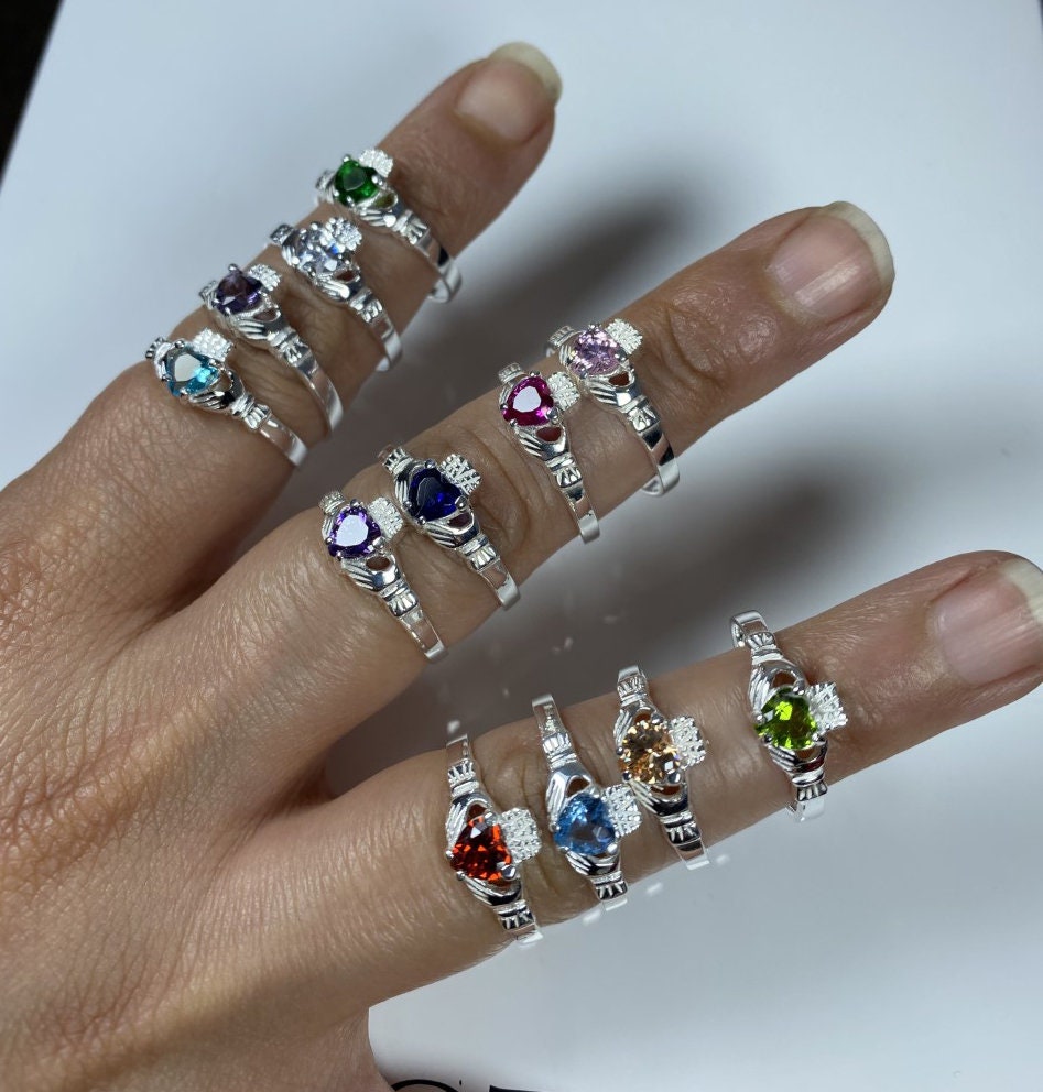 Claddagh Ring with CZ Birthstone Accent - Traditional Irish Claddagh Style Ring