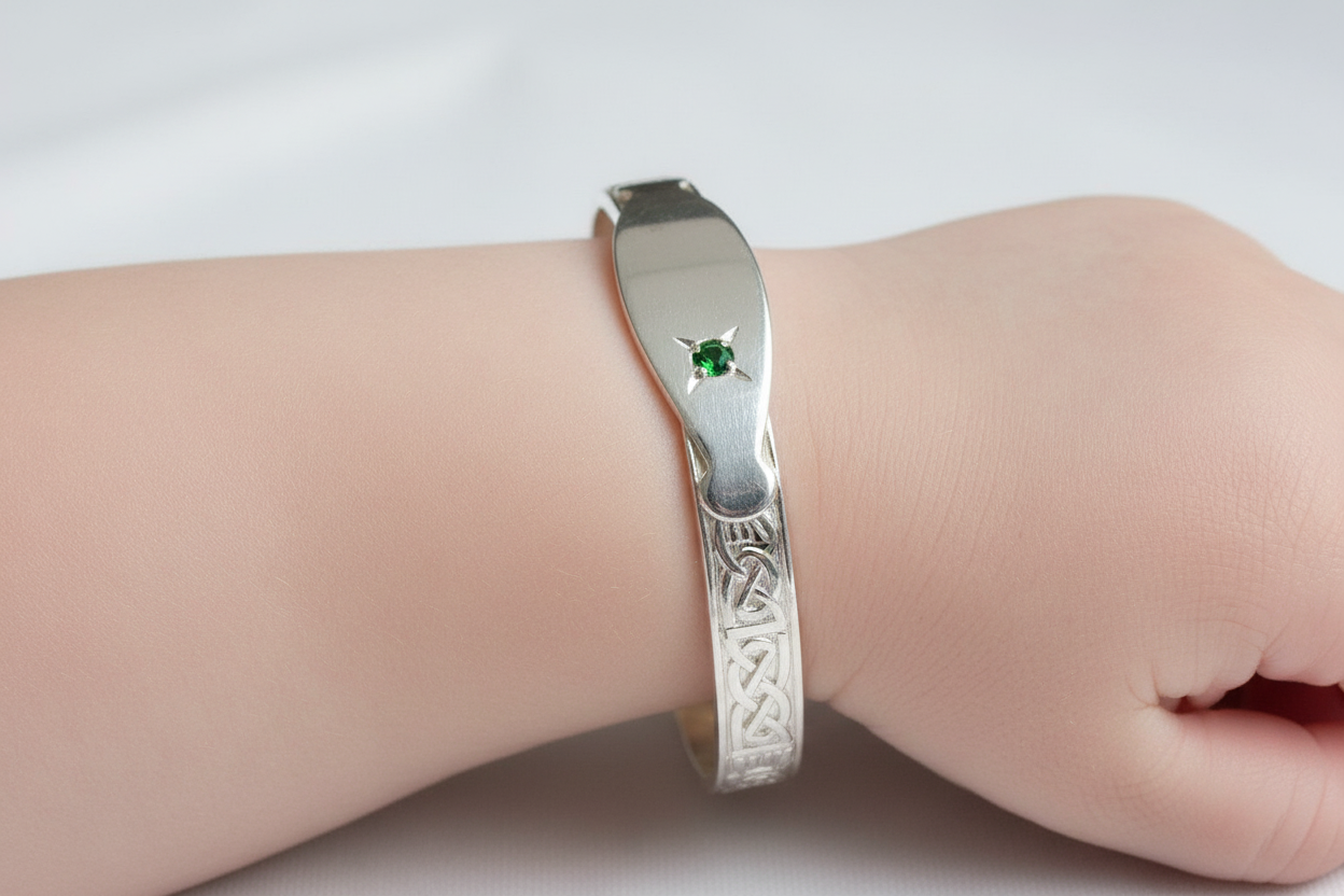 Kids Silver Claddagh Green CZ Stone Expandable Bangle