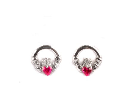 Kids Claddagh Ruby CZ July BirthStone Earrings