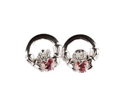 Kids Claddagh Pink CZ BirthStone Sterling Silver Earrings