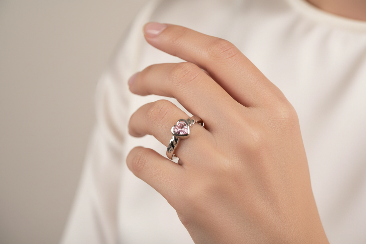 Kids Pink CZ Silver Heart Shaped Ring.