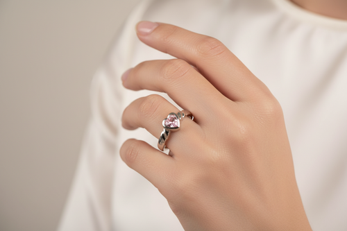 Kids Pink CZ Silver Heart Shaped Ring.