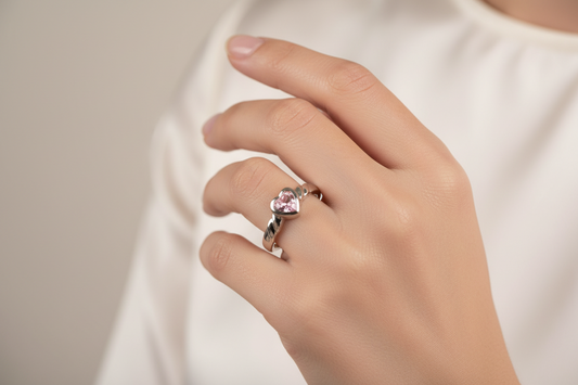 Kids Pink CZ Silver Heart Shaped Ring.