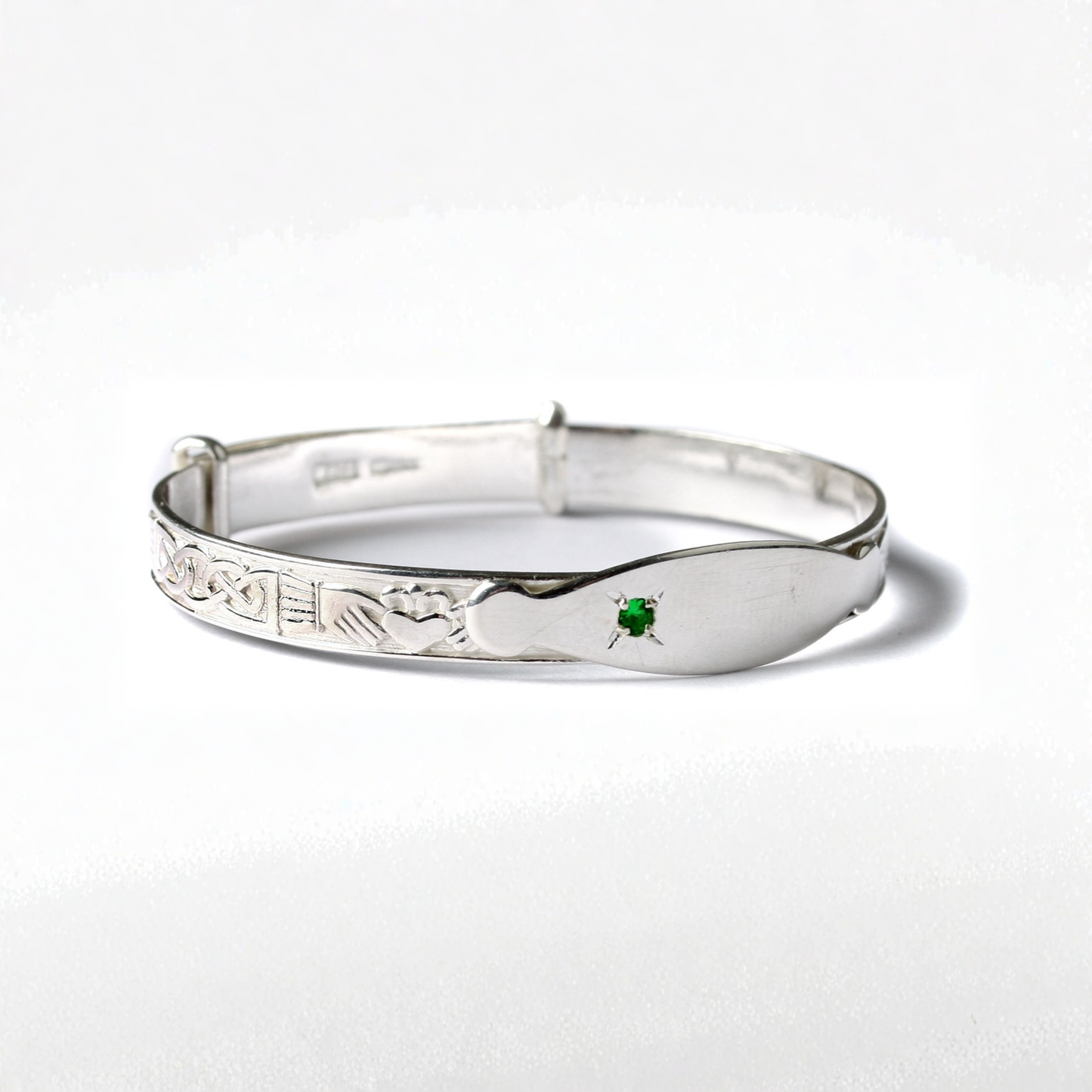 Kids Silver Claddagh Green CZ Stone Expandable Bangle