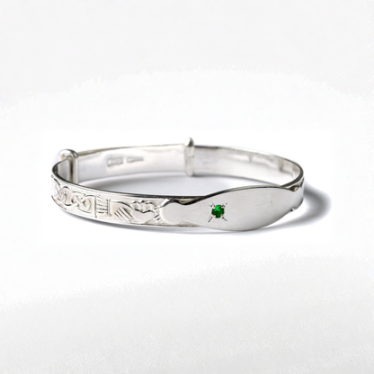 Kids Silver Claddagh Green CZ Stone Expandable Bangle