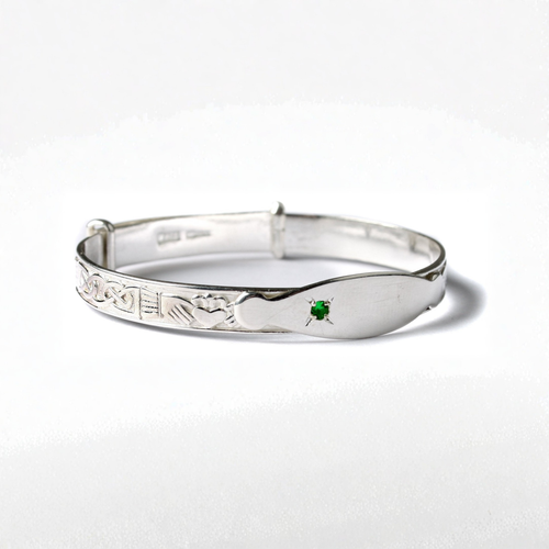 Kids Silver Claddagh Green CZ Stone Expandable Bangle