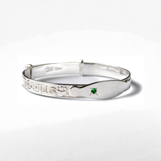 Kids Silver Claddagh Green CZ Stone Expandable Bangle
