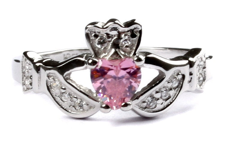 Classic Claddagh Cubic Zirconia Birthstone Ring in 925 Sterling Silver Band