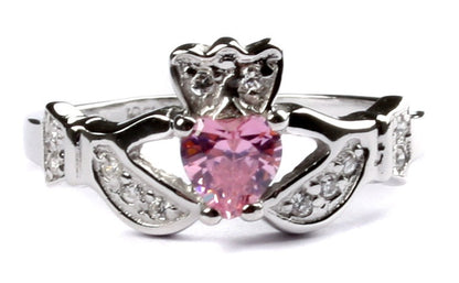 Classic Claddagh Cubic Zirconia Birthstone Ring in 925 Sterling Silver Band