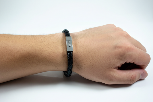 Men's Stainless Steel Black Leather Bracelet