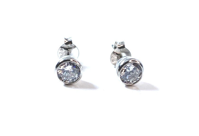 April Birthstone White CZ Stone Set Silver Earrings With Classic Round Design