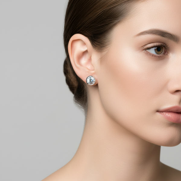 April Birthstone White CZ Stone Set Silver Earrings With Classic Round Design