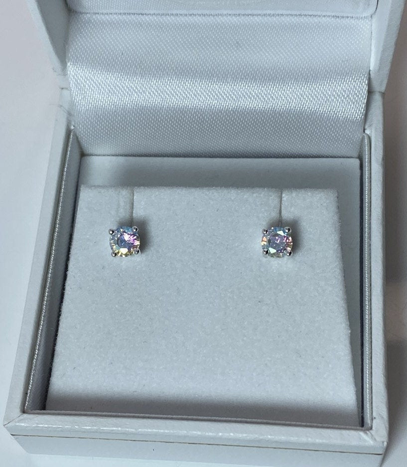 Opalescent Topaz CZ Stone Set Round Stone Claw Silver Earrings.