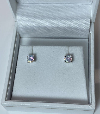 Opalescent Topaz CZ Stone Set Round Stone Claw Silver Earrings.