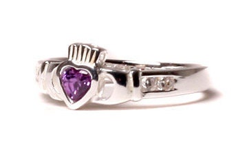 Claddagh Ring with CZ Birthstone Setting, Classic Irish Claddagh Love Knot Ring