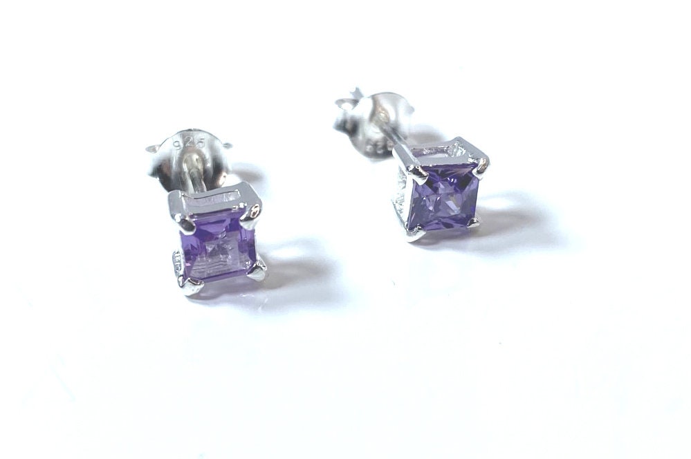 Birthstone CZ Square Stone Claw Silver Stud Earrings Classic Set