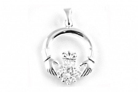 Irish Claddagh White CZ Stone Set Silver pendant