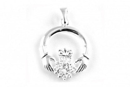 Irish Claddagh White CZ Stone Set Silver pendant