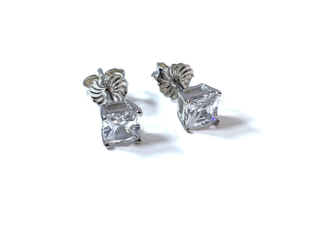 Birthstone CZ Square Stone Claw Silver Stud Earrings Classic Set