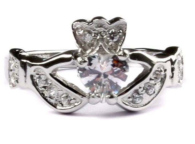 Classic Claddagh Cubic Zirconia Birthstone Ring in 925 Sterling Silver Band