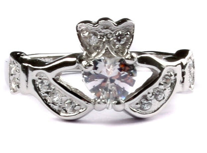 Classic Claddagh Cubic Zirconia Birthstone Ring in 925 Sterling Silver Band