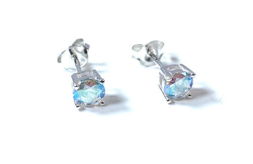 Opalescent Topaz CZ Stone Set Round Stone Claw Silver Earrings.