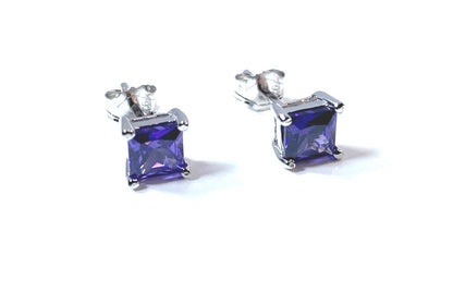 Birthstone CZ Square Stone Claw Silver Stud Earrings Classic Set