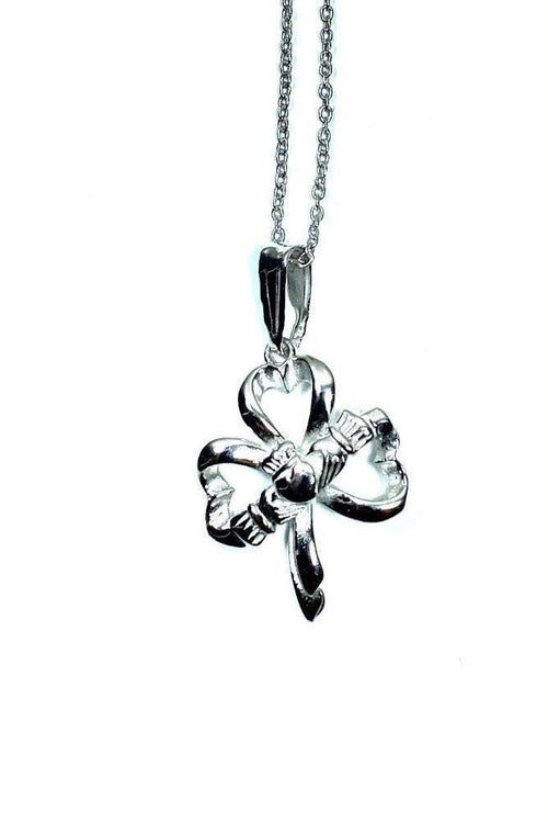 Lucky Irish Silver Shamrock Pendant with Claddagh Symbol
