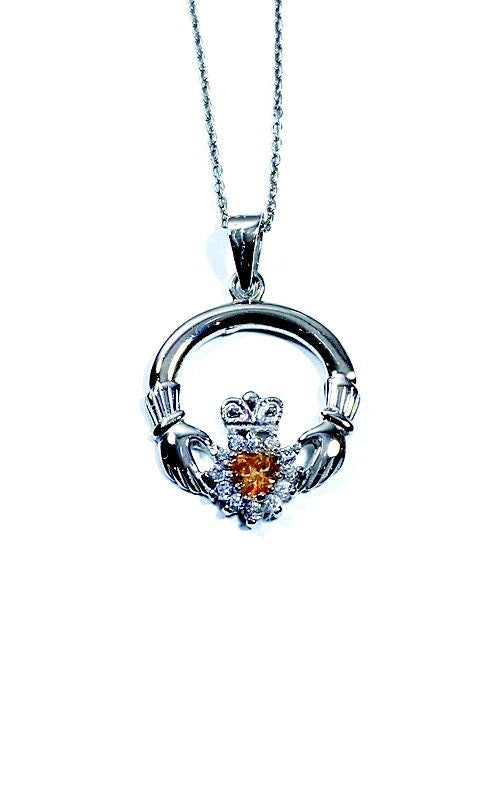 Claddagh Champagne (Yellow Topaz) Cz BirthStone November Birthstone Pendant